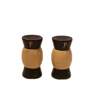 Miniature Mini Wooden Cylinder Like Vintage Two Tone Pepper Shakers